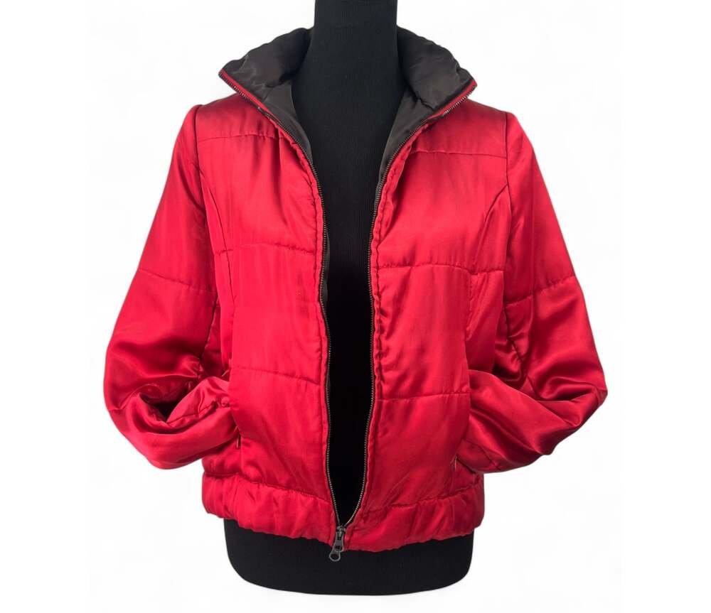 Red Line | S | Satin Red Quilted Jacket Puffer Hood Coat Women's Full zip